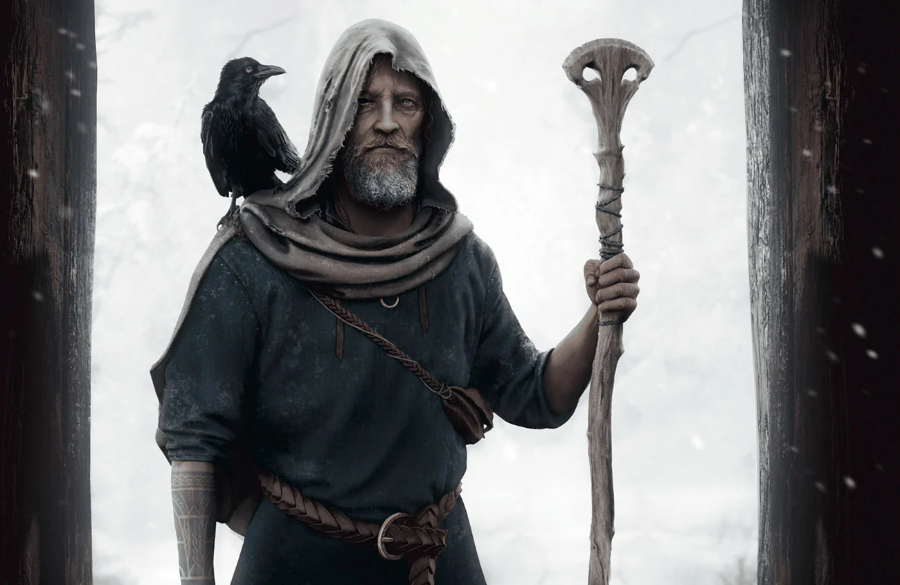 Odin standing with his staff in Norse robes