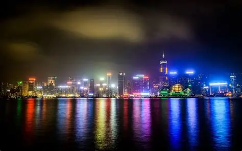 Winning city photo with bright lights and reflections at night